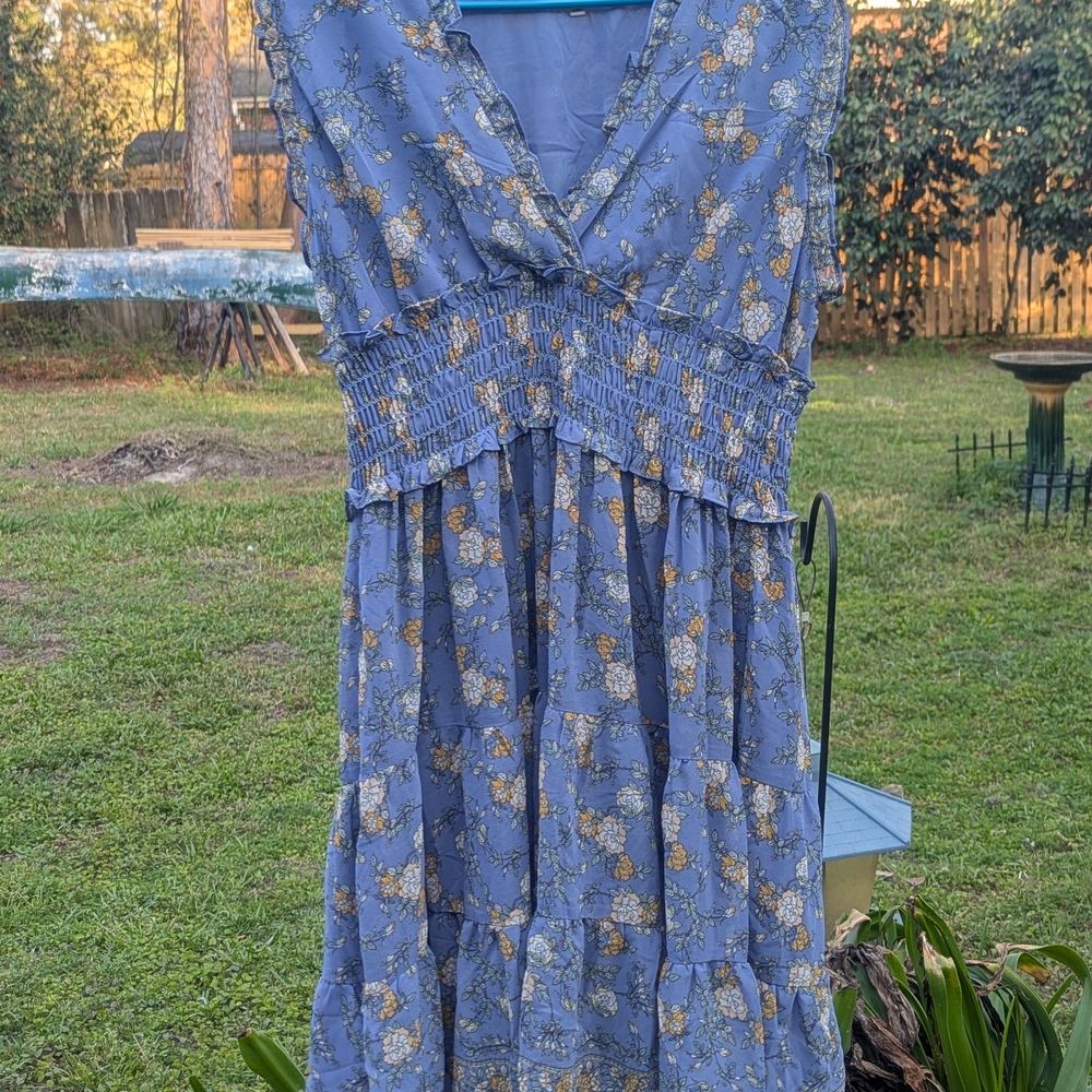 Max Studio Blue Floral Midi Dress with Smocked Waist